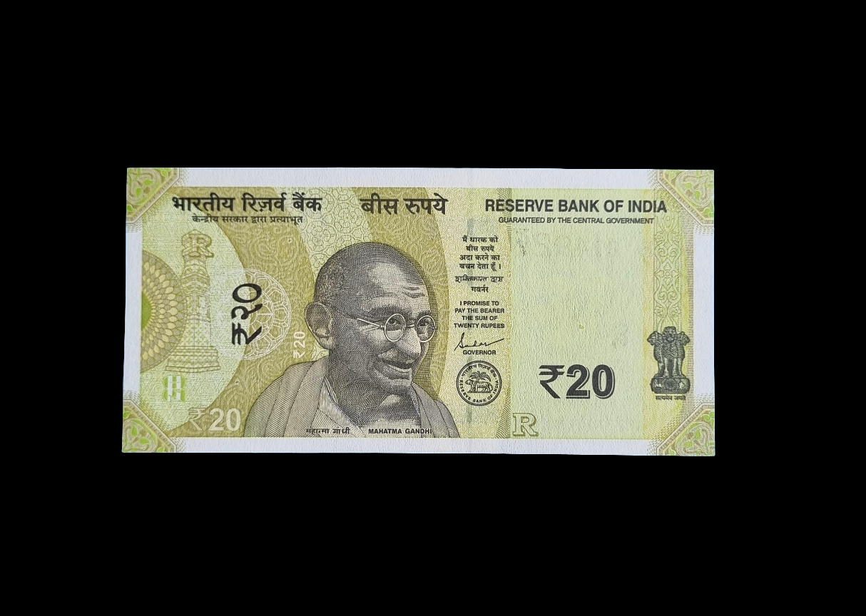 ERROR India 20 rupee UNC bill serial number printed back side error.