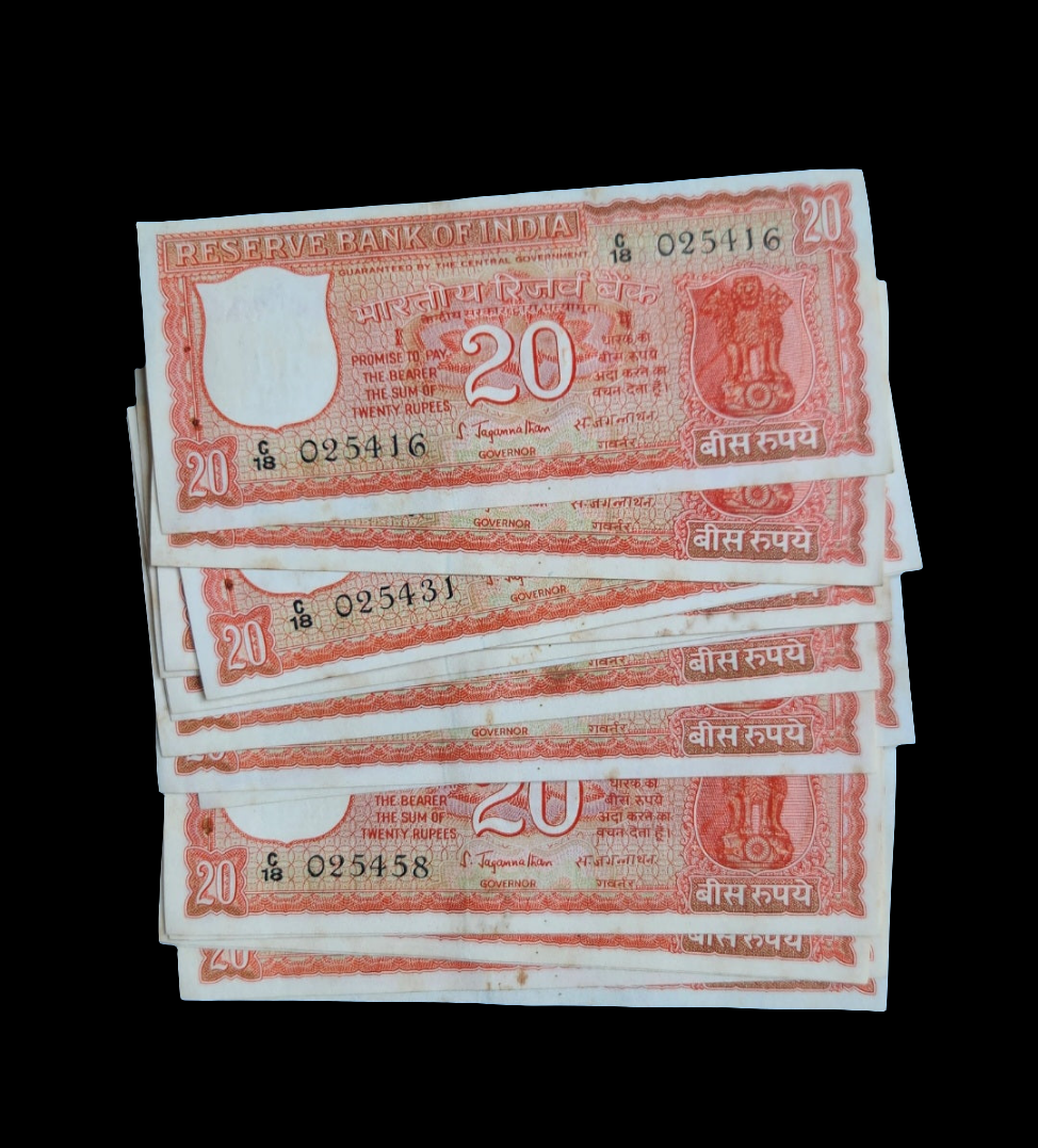 India 20 rupee bills 1970 year very old design UNC(yellow ageing stain)
