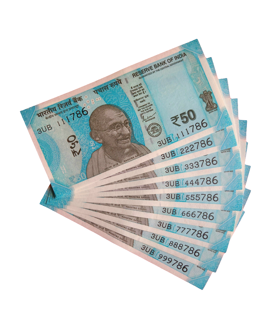 111 786 999 786 ending 786 india 50 rupee UNC bills 9 banknotes set.