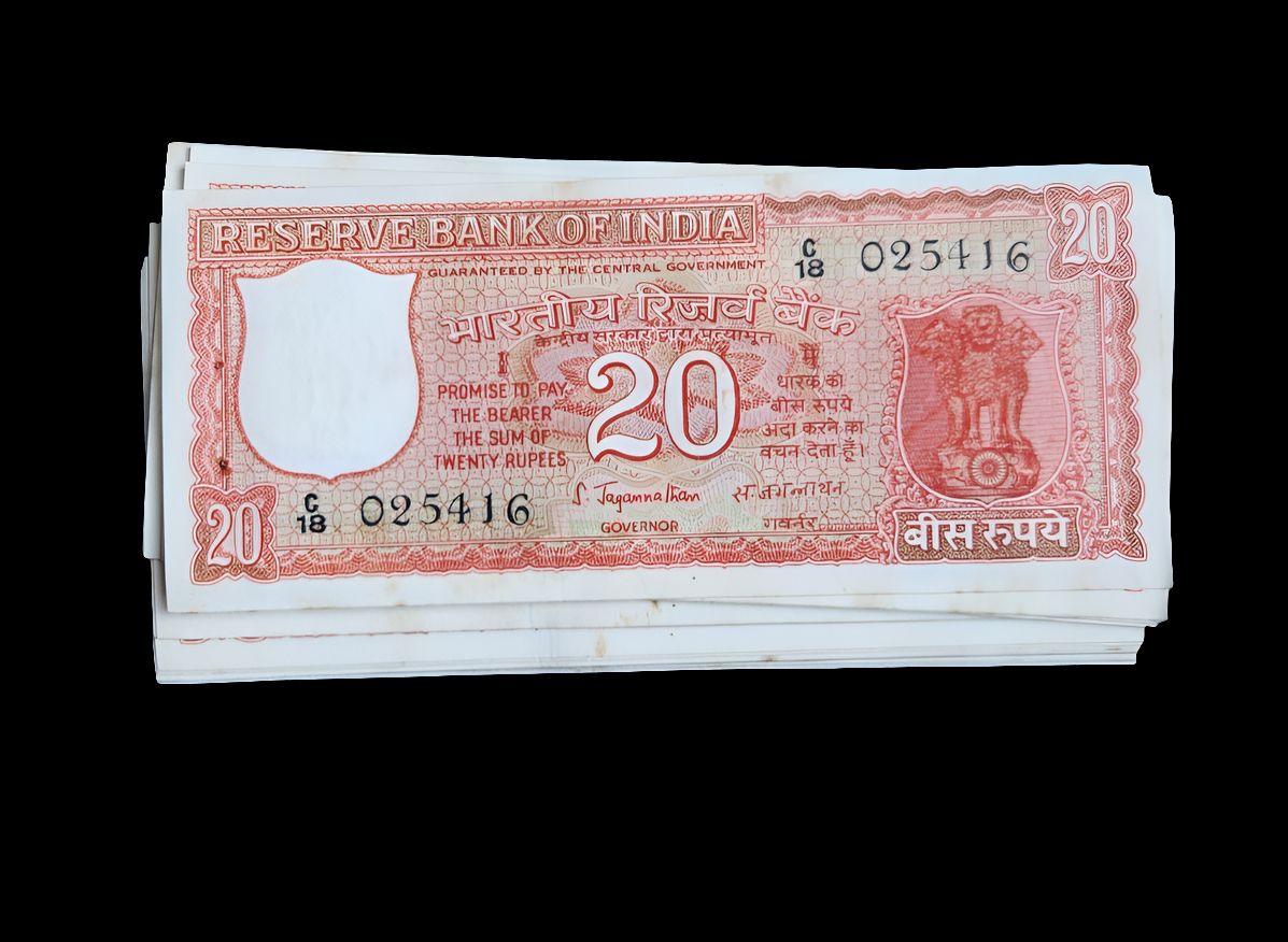 India 20 rupee bills 1970 year very old design UNC(yellow ageing stain)