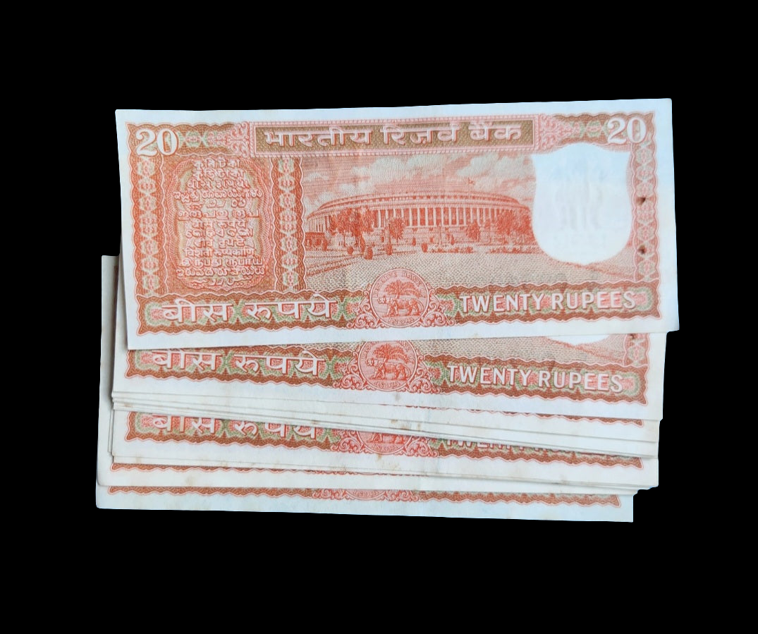 India 20 rupee bills 1970 year very old design UNC(yellow ageing stain)