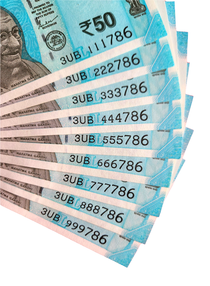 111 786 999 786 ending 786 india 50 rupee UNC bills 9 banknotes set.