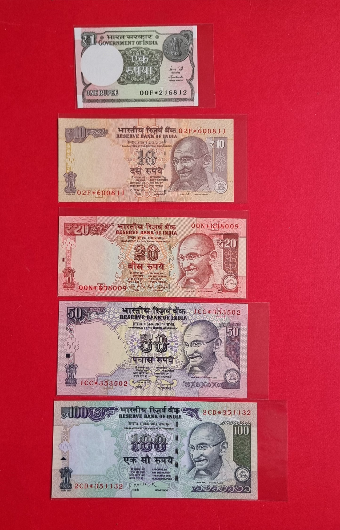 India replacement issue bulls 1 to 100 rupee set UNC.