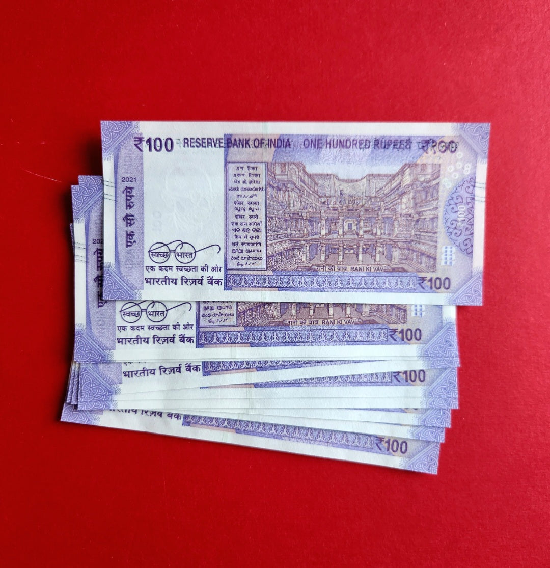 000001 000010 India 100 rupee bills 10 banknotes set lower serial UNC.