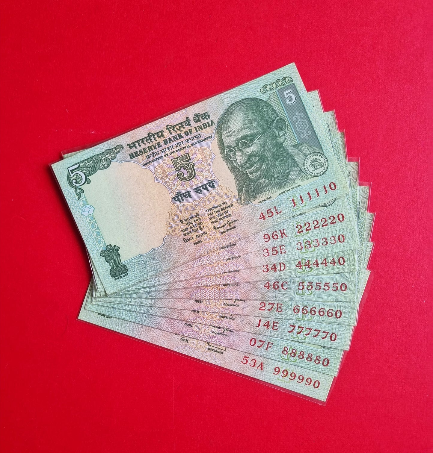 111110 999990 India 5 rupee 9 bills UNC banknotes set.