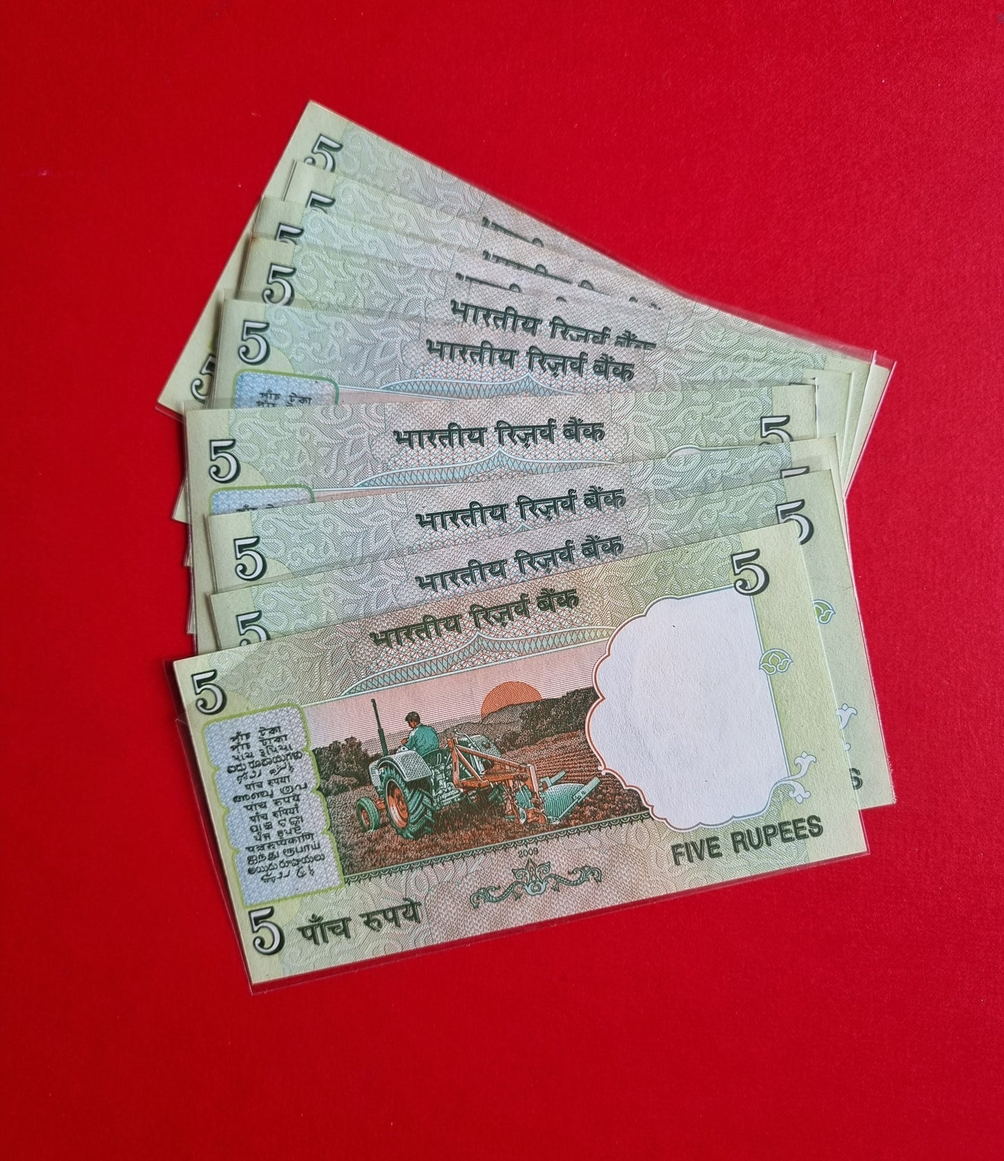 111110 999990 India 5 rupee 9 bills UNC banknotes set.