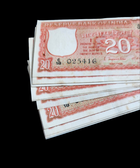 India 20 rupee bills 1970 year very old design UNC(yellow ageing stain)