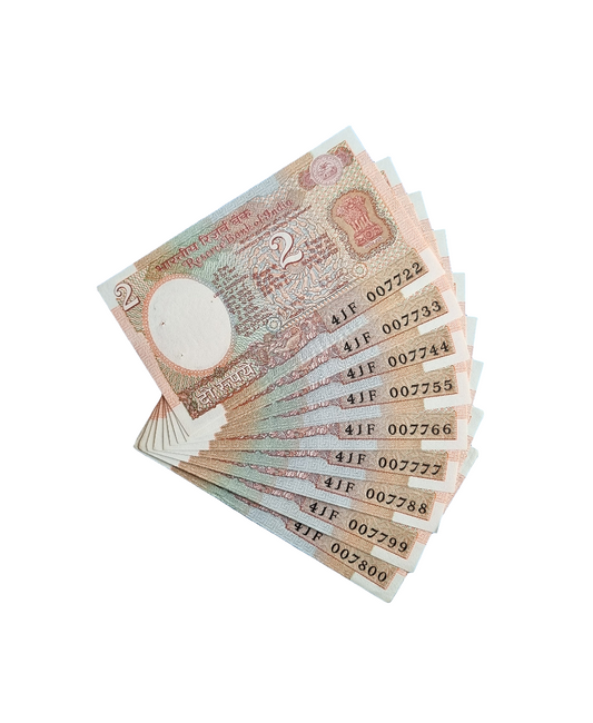 India 2 rupee UNC set 8 bills.