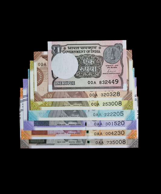 0AA 00A india set of banknotes bills 1 to 500 7 bills set.