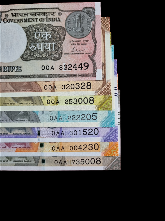 0AA 00A india set of banknotes bills 1 to 500 7 bills set.