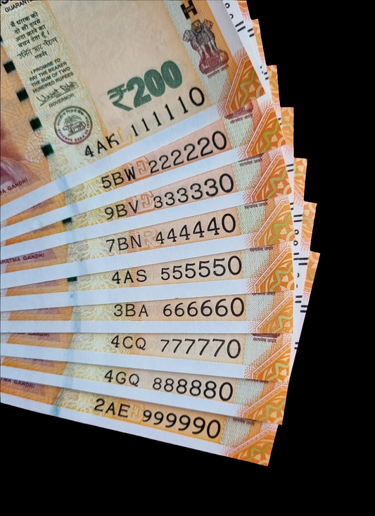 111110 999990 India 200 rupee bills UNC banknotes set.