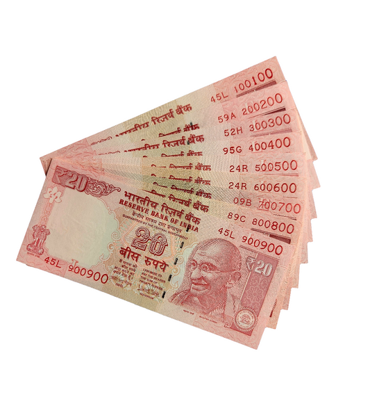 100100 900900 India 20 rupee banknotes set 9 bills Uncirculated.