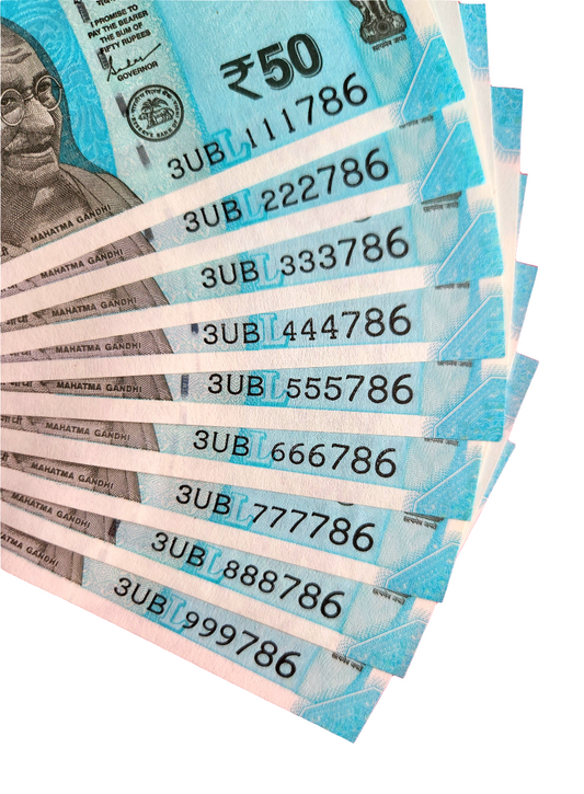 111 786 999 786 ending 786 india 50 rupee UNC bills 9 banknotes set.