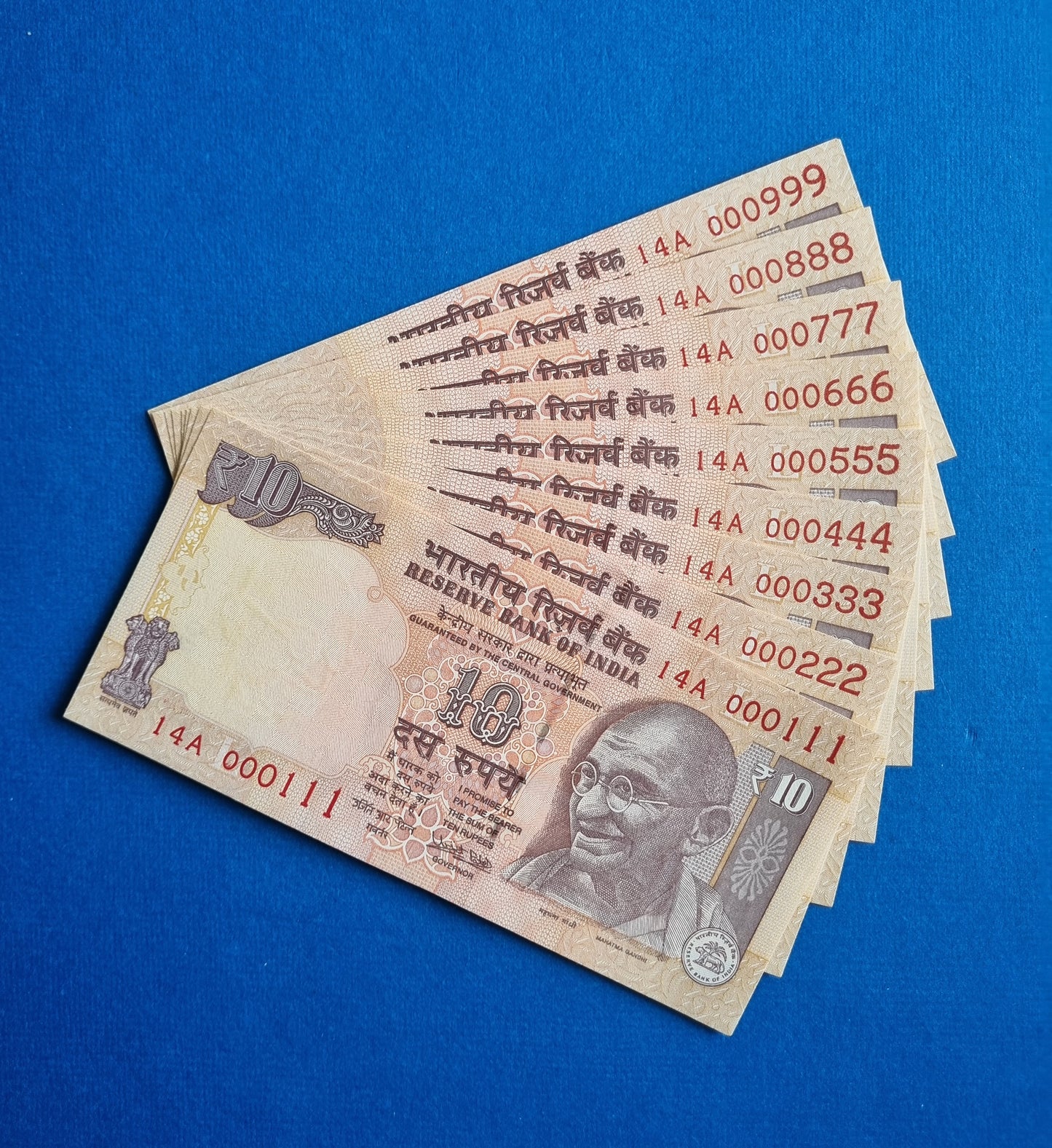 000111 000999 india 10 rupee 9 bills UNC banknotes set.