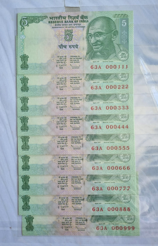 000111 000999 india 5 rupee bills UNC banknotes set.
