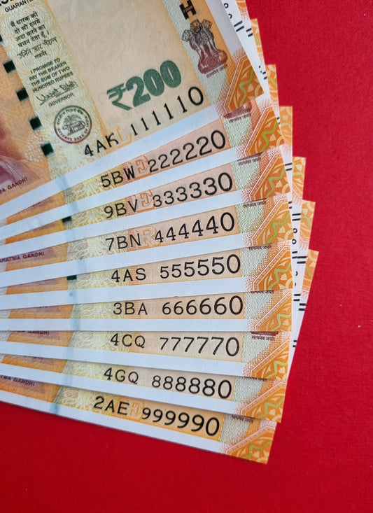 111110 999990 India 200 rupee bills UNC banknotes set.