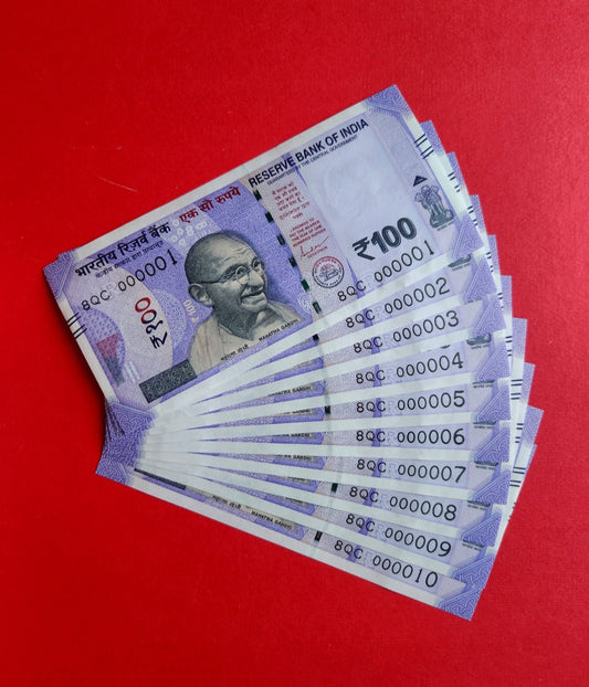 000001 000010 India 100 rupee bills 10 banknotes set lower serial UNC.