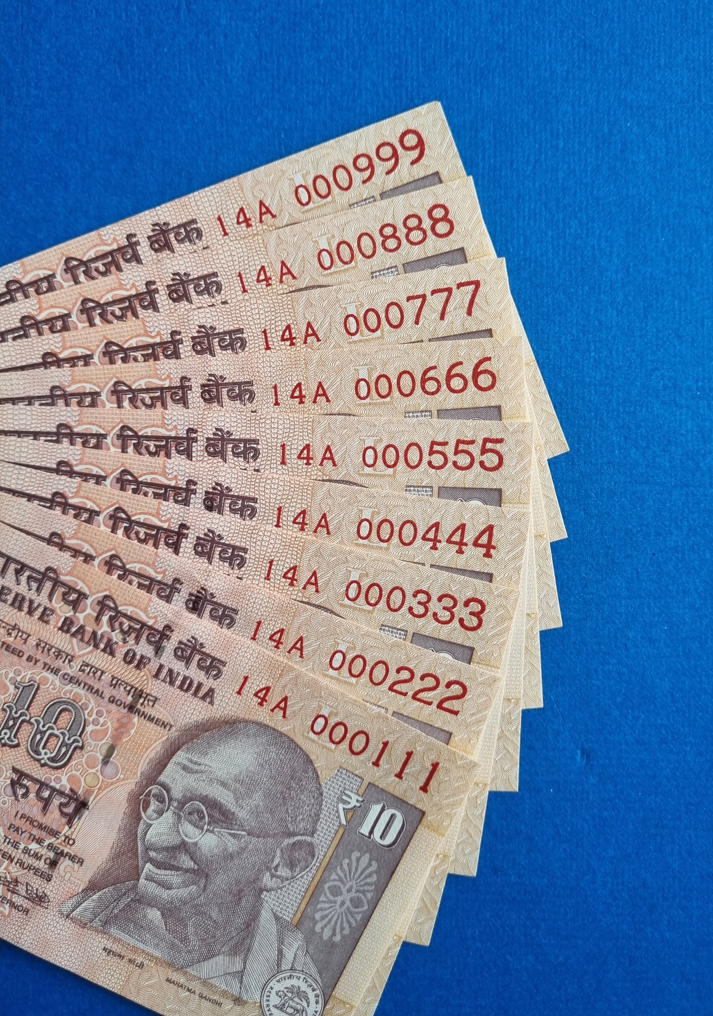 000111 000999 india 10 rupee 9 bills UNC banknotes set.
