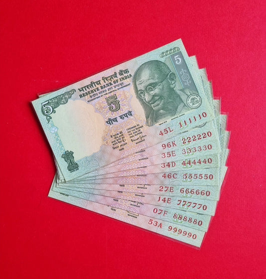111110 999990 India 5 rupee 9 bills UNC banknotes set.