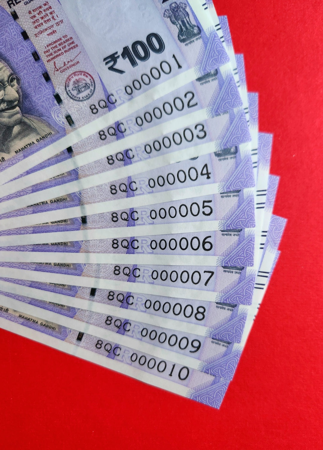 000001 000010 India 100 rupee bills 10 banknotes set lower serial UNC.