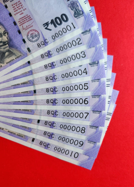 000001 000010 India 100 rupee bills 10 banknotes set lower serial UNC.