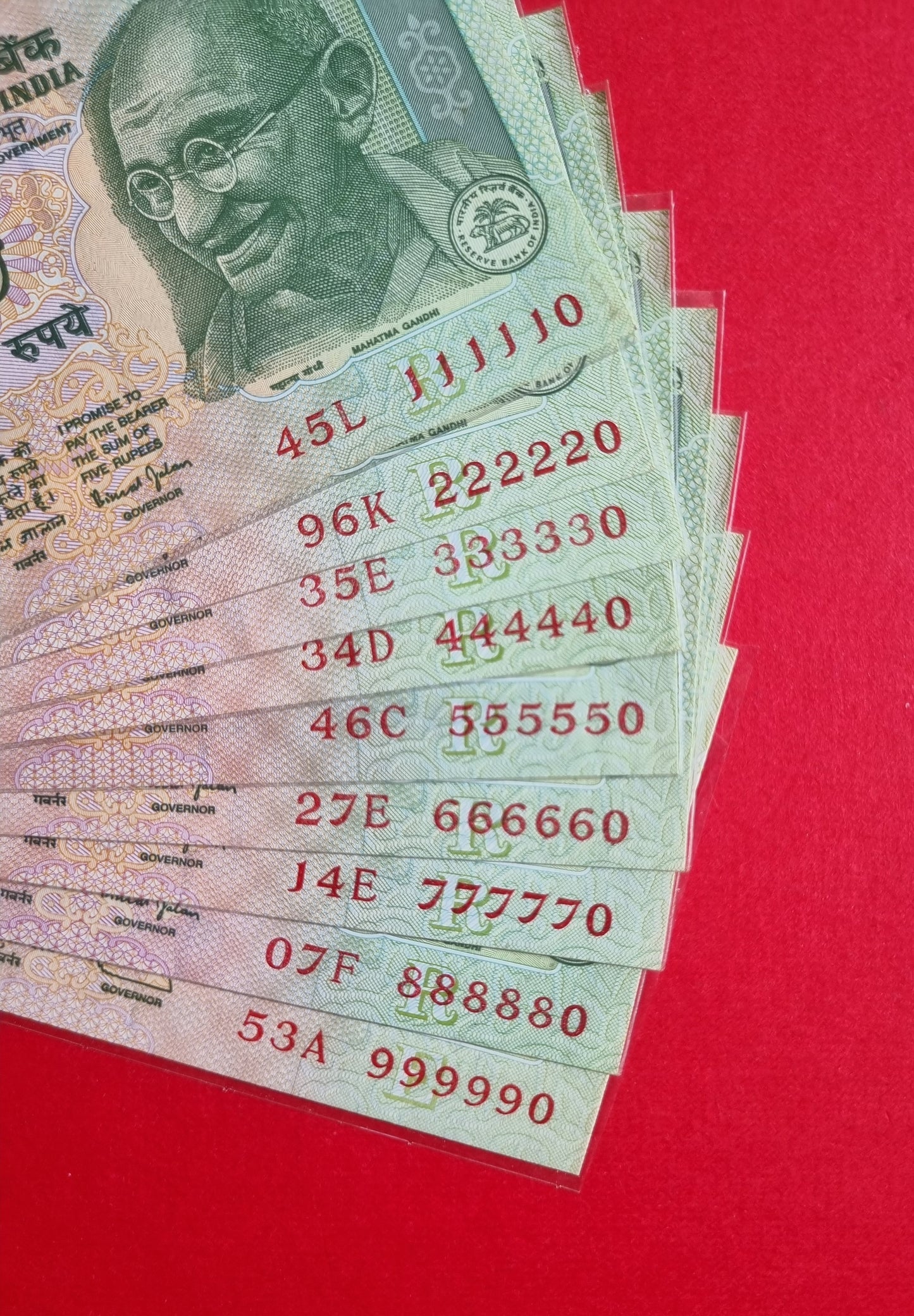 111110 999990 India 5 rupee 9 bills UNC banknotes set.